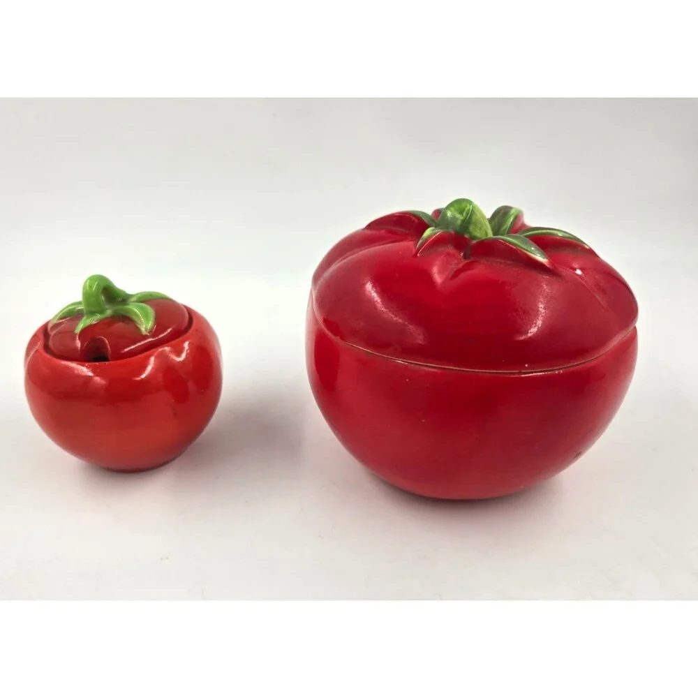 1940's Vtg Pantry Parade Ceramic Tomato Lidded Sugar Jar & Container Set of 2
